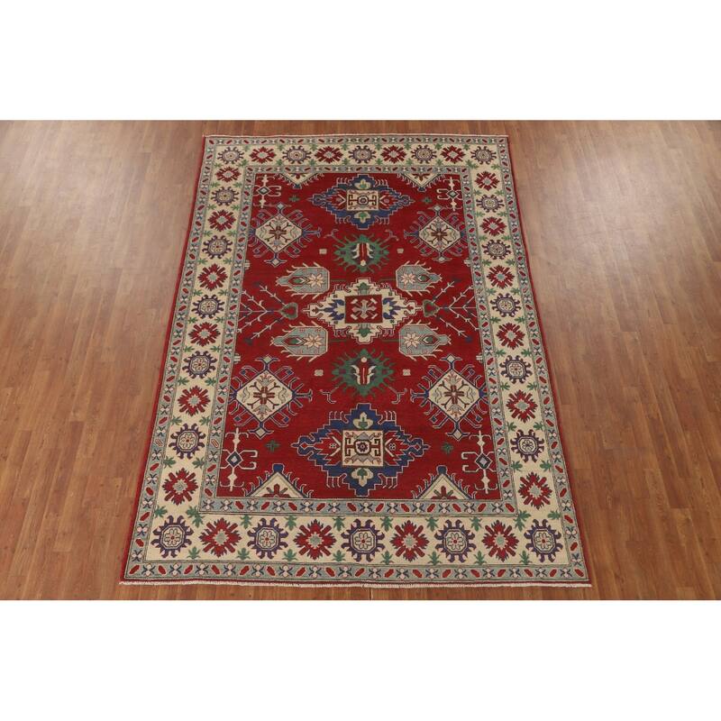 Red Geometric Kazak Area Rug Hand-Knotted Wool Carpet - 6'9" x 9'8"