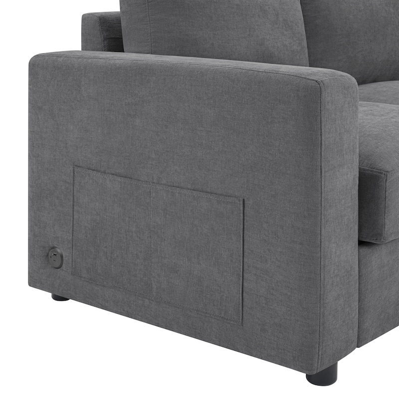 L-Shape Sectional Sofa with Curved Chaise Lounge, Chenille Fabric 3 Seater Sofa with USB Ports & Storage Pockets