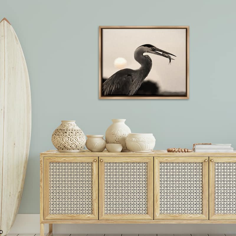 Stupell Heron Feeding on Fish Framed Floater Canvas Wall Art Design By Lori Deiter