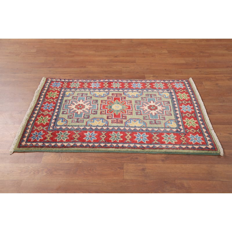 Green Red Kazak Oriental Rug Hand-Knotted Wool Carpet - 2'0" x 3'0"