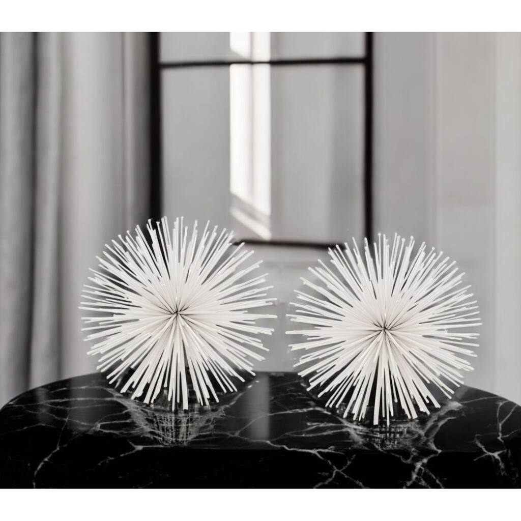 HomeRoots Set of Two White Iron Decorative Spiky Sphere Tabletop Sculpture - 4' X '4' X '4