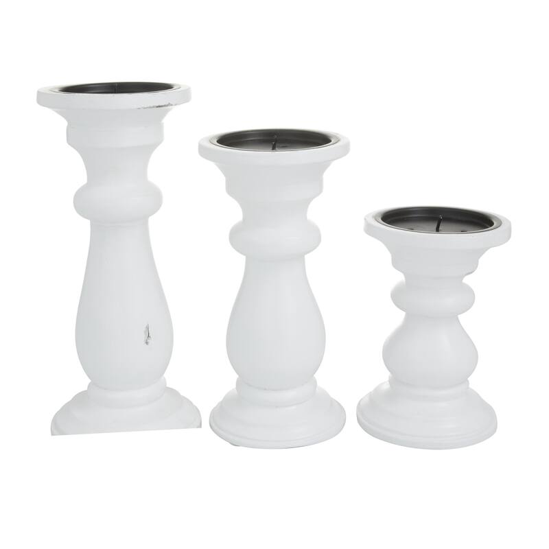 Mango Wood Turned Style Pillar Decorative Candle Holder - Set of 3 Gold, White, Black - Roche River Decor