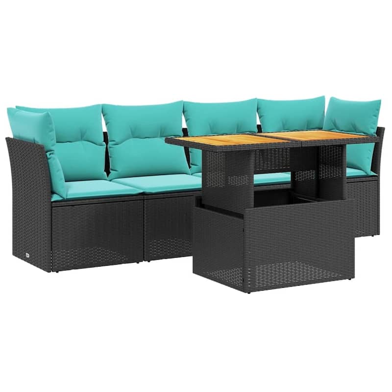 vidaXL 5 Piece Patio Sofa Set with Cushions Black Poly Rattan - 24.4 x 24.4 x 27.2