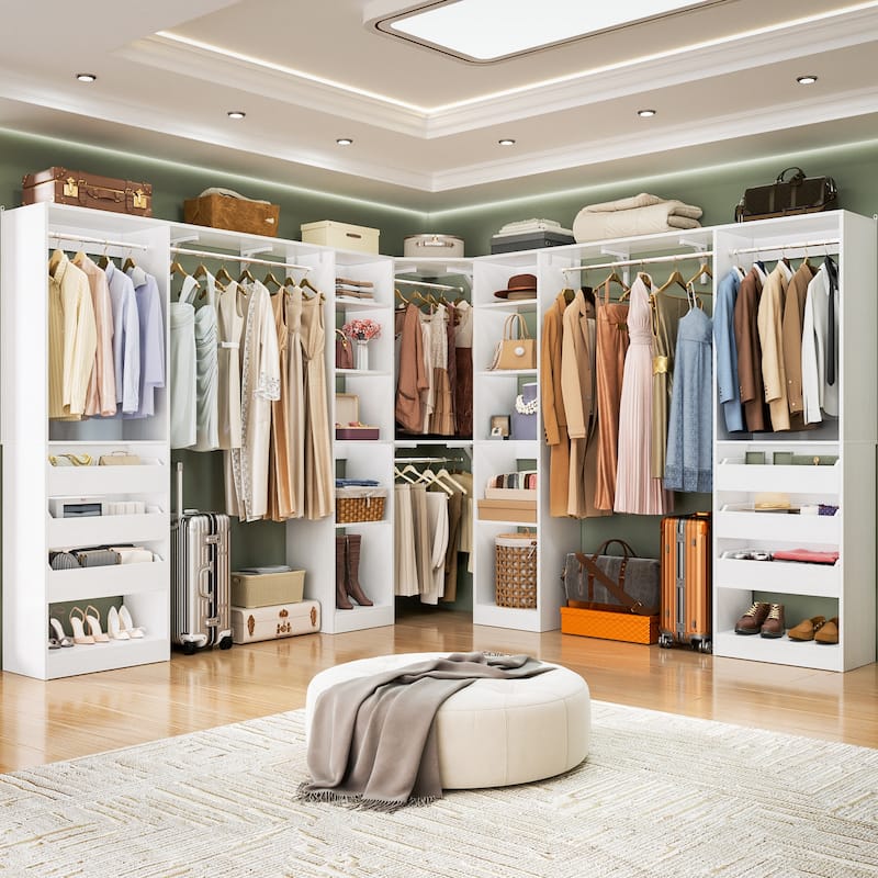 99''-159'' Freestanding Corner Closet System Set, Reversible Closet Organizer for Walk-in/ Reach-in Closet - White