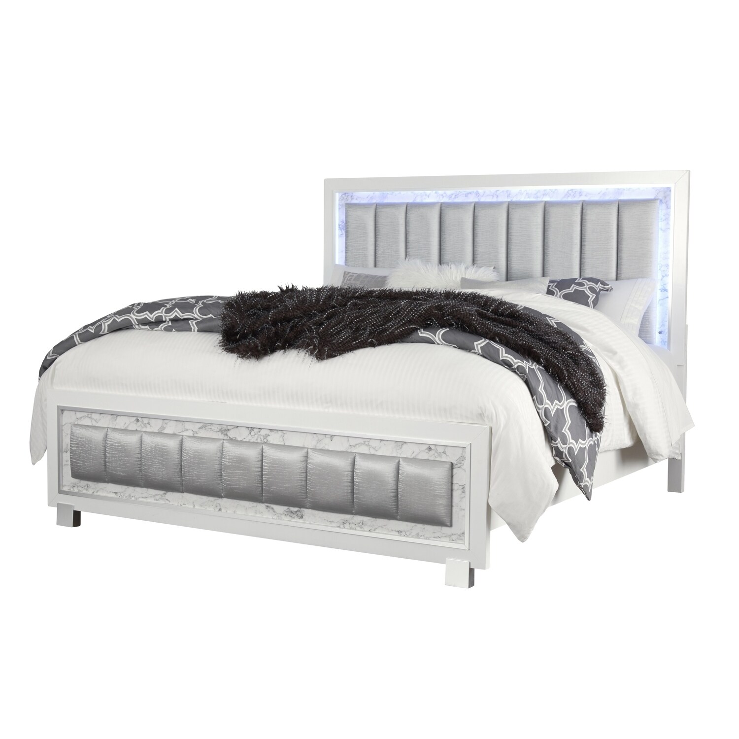 Modern Queen Bed with Lights - Upholstered Bedroom Furniture, White Finish, Faux Marble Accents