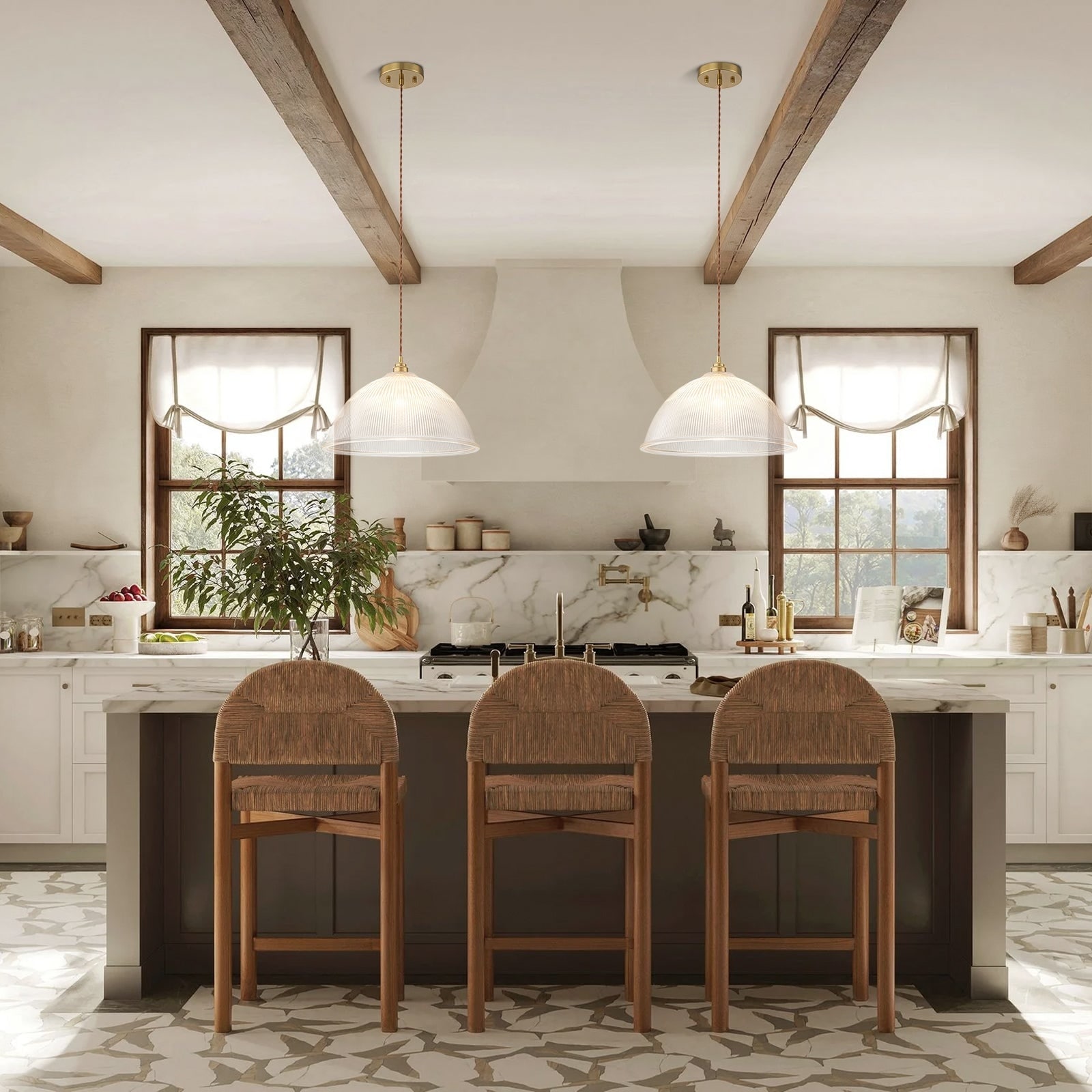 Shaker Farmhouse Ribbed Glass Dome Single Brass Kitchen Pendant Light