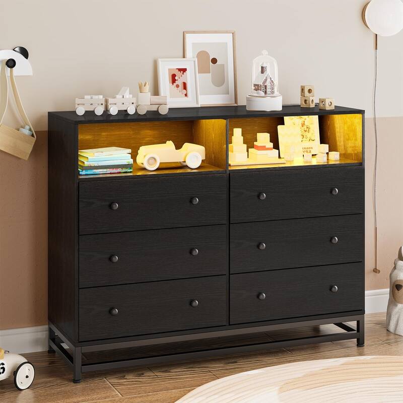 Wide Dresser for Bedroom with Charging Station - Black - 6-drawer