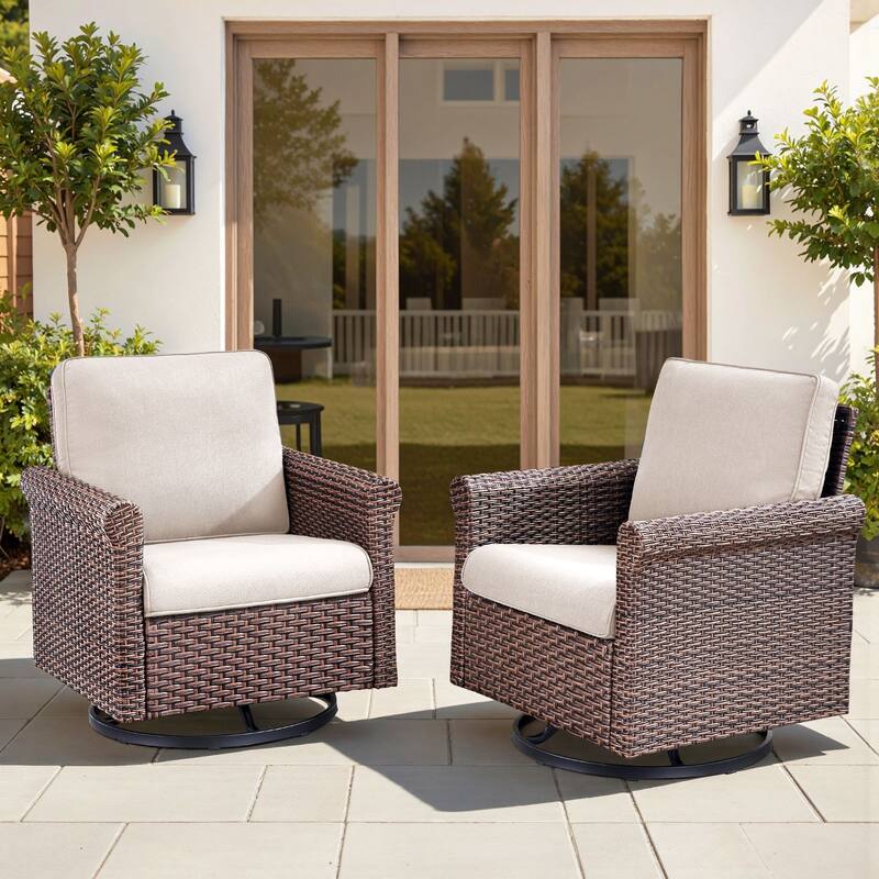 Pocassy Outdoor Sofa Swivel Chairs Patio Chair Funiture Set - 2PCS Swivel Chairs - Brown Wicker Blue Cushion