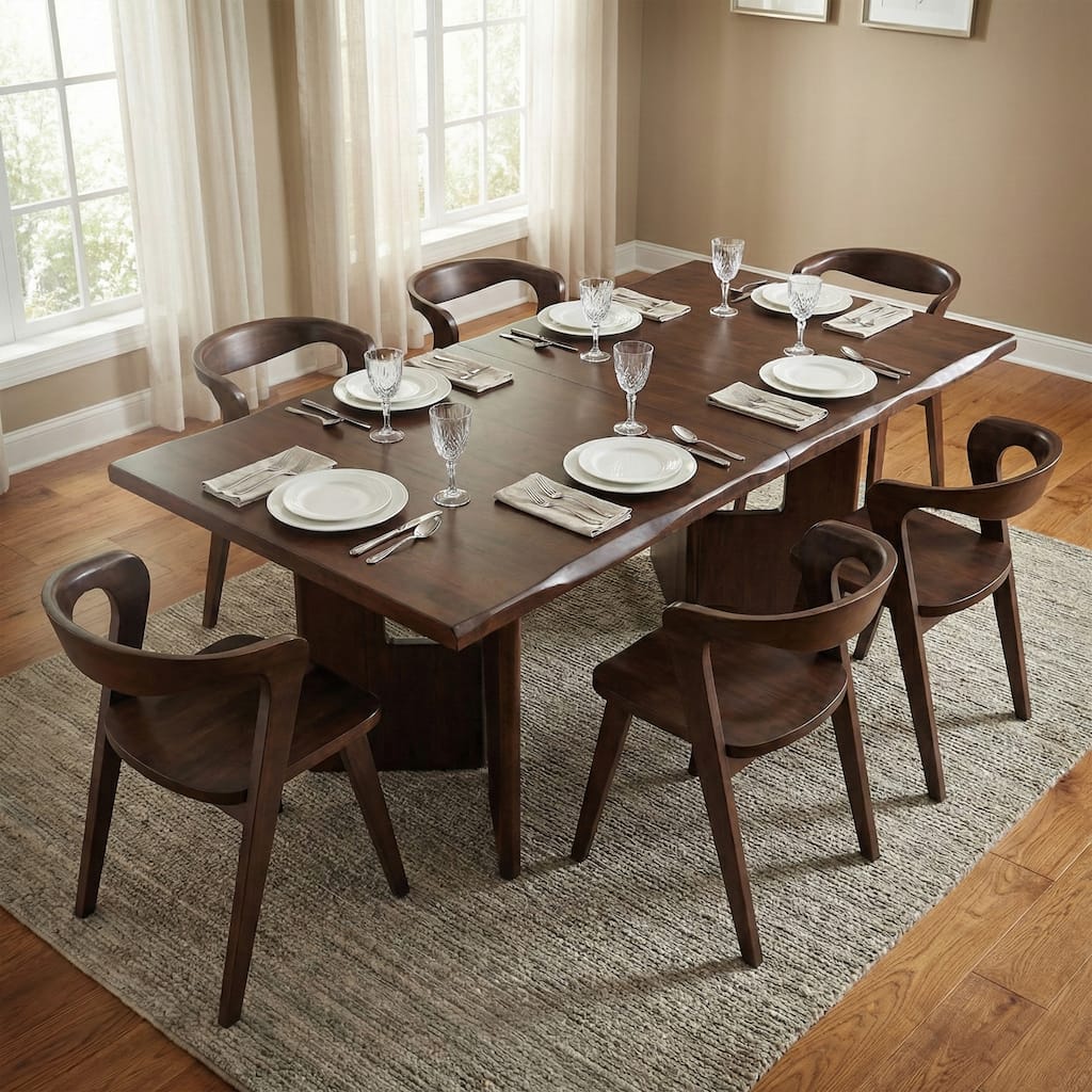 Furniture of America Abigail XIV Mid-Century Modern 7-Piece Walnut Solid Wood Extendable Dining Set with Self-Storing Leaf
