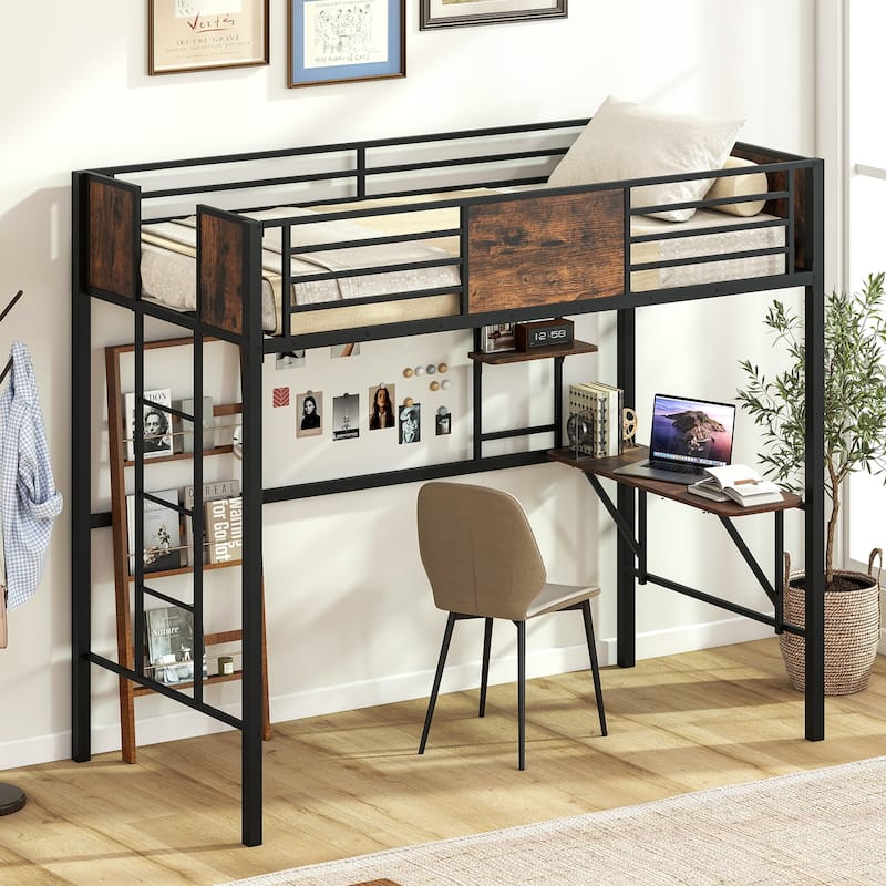 Gymax Twin Loft Bed w/ Desk Heavy-Duty Metal Bed Frame w/ Safety - Brown - 2 Piece - Twin