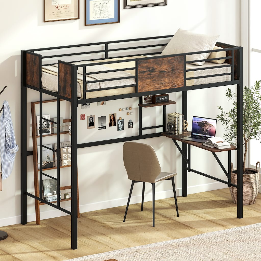 Gymax Twin Loft Bed w/ Desk Heavy-Duty Metal Bed Frame w/ Safety
