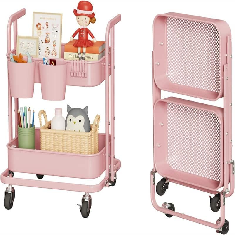 2 Tier Foldable Rolling Cart - 17.3"D x 18.3"W x 24.2"H