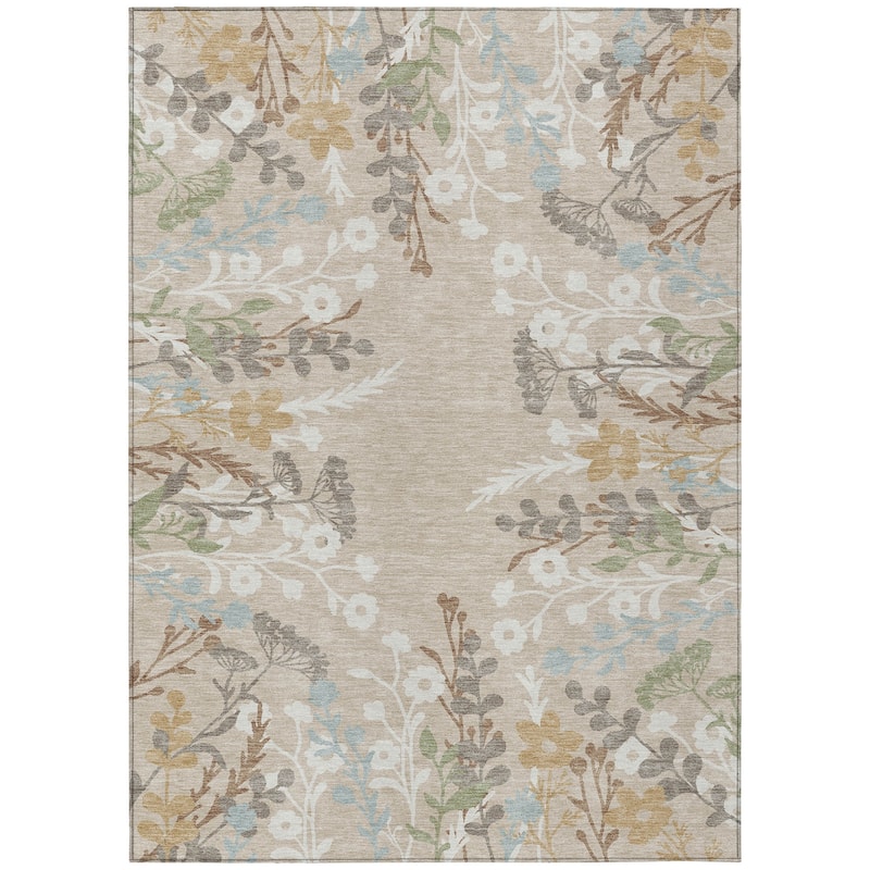 Machine Washable Indoor/ Outdoor Floral Border Chantille Rug