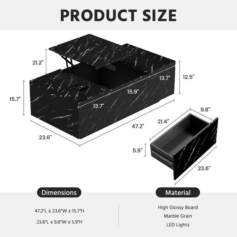 Meyreso Lift-Top Smart Marble Coffee Table with LED Light and Hidden Storage
