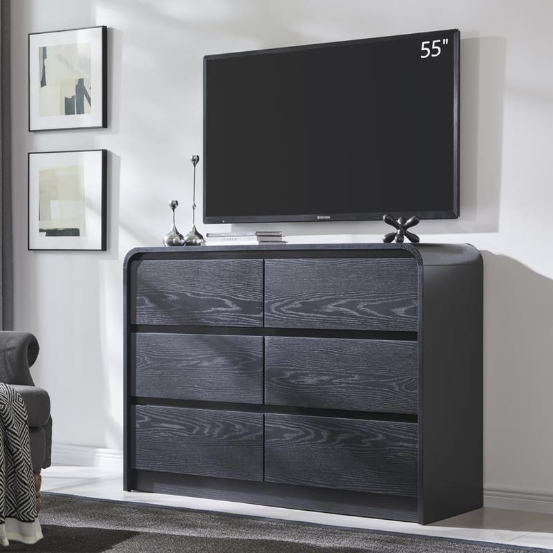 Modern 6-Tier Wooden Drawer Dresser, 47-Inch Tall with Curved Profile Design - Black - 6-drawer