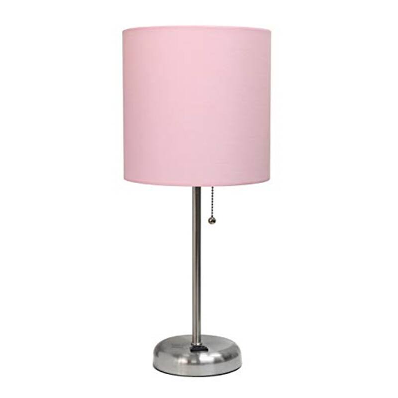 19.5 in. Brushed Steel Finish Table Lamp with Pink Shade, Durable Stick Lamp for End/Side Tables