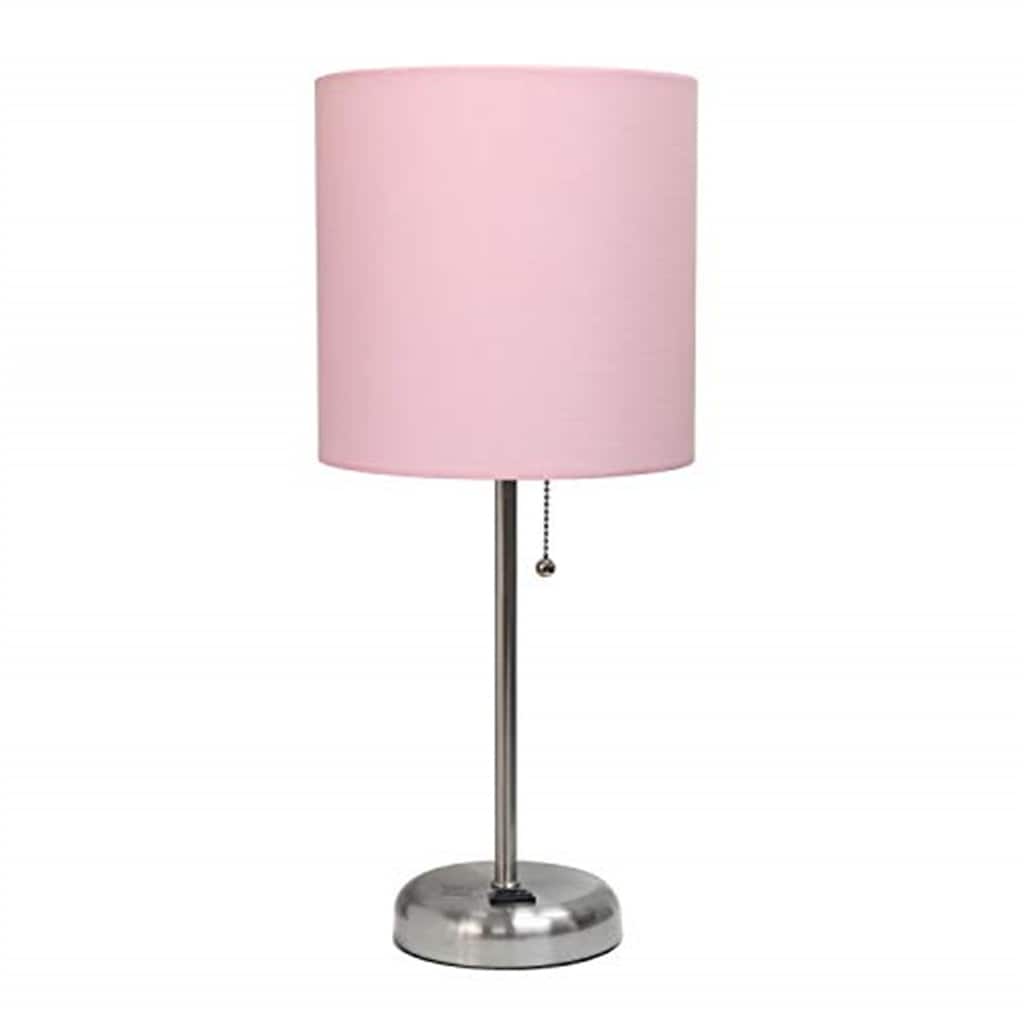 19.5 in. Brushed Steel Finish Table Lamp with Pink Shade, Durable Stick Lamp for End/Side Tables