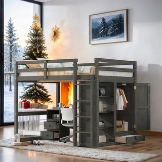Multi-Functional Wood Full Size Loft Bed with Built-in Wardrobe, Desk, Storage Shelves and Drawers, Maximized Space, Grey