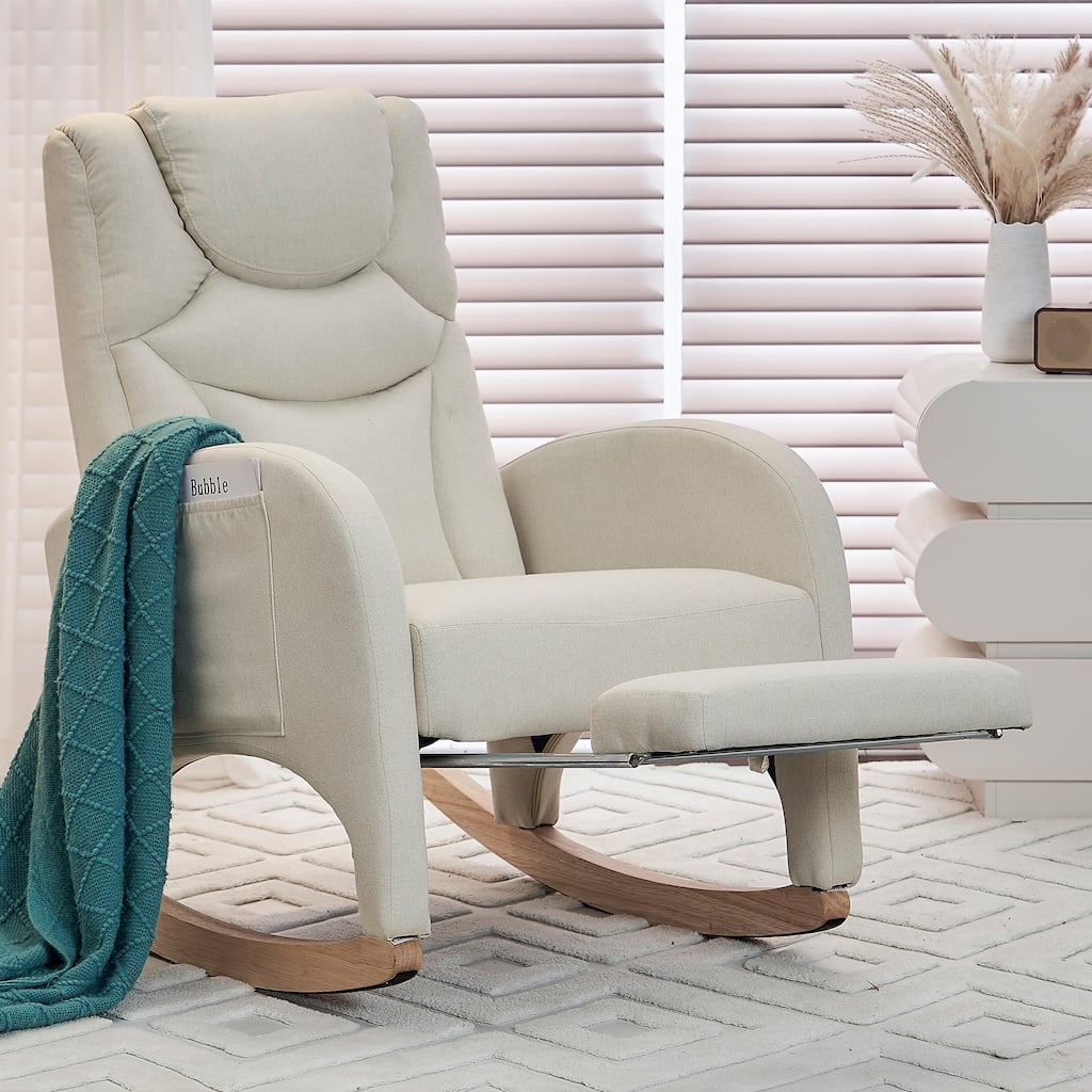 Comfortable Rocking Chair with Adjustable Footrest and Spacious Seat, Perfect for Relaxing and Unwinding.