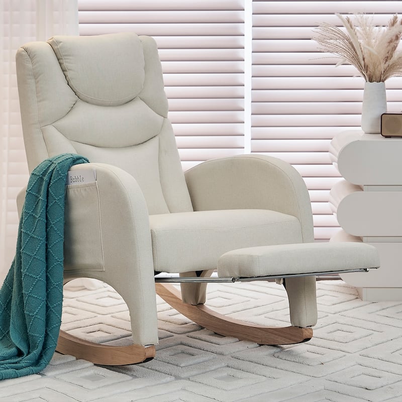 Fabric Nursery Rocking Chair With Adjustable Footrest - Beige