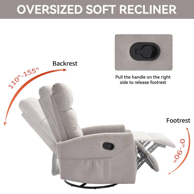 Fabric Manual Recliner Chair 360° Swivel Chair with Rocker and Footrest, Armchair with Adjustable Backrest Pedals