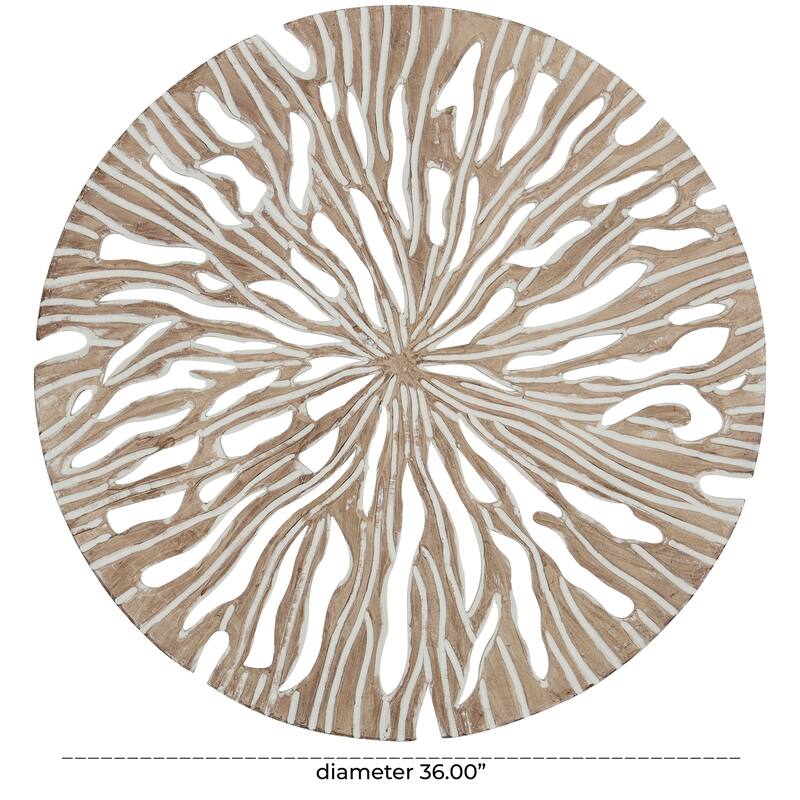 Beige Wood Handmade Intricately Carved Starburst Home Wall Decor with White Accents