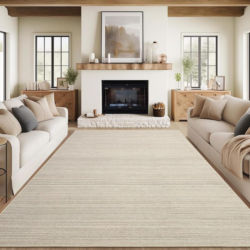 Modern Stripe Machine Washable Area Rug for Bedroom, Living Room, Beige - 1'6" x 2'6" - Beige 9' x 12'
