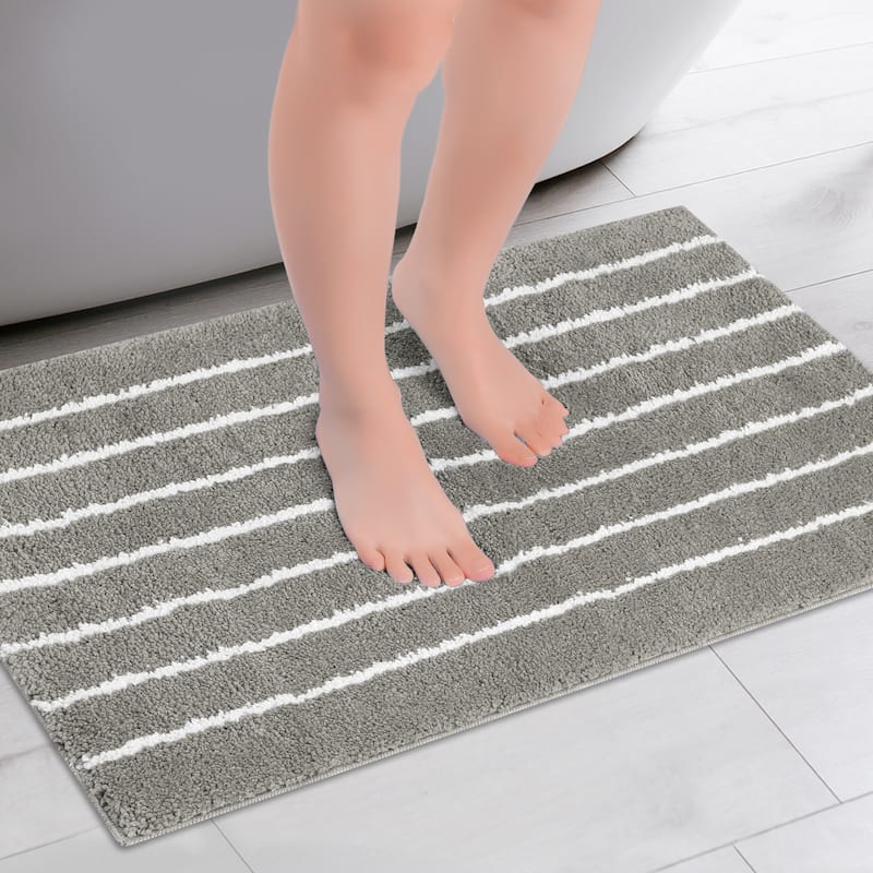 Striped Bathroom Rug, Non-Slip Soft Fluffy Bath Carpet, Water Absorbent Bathmat - Dark Grey - 16" x 24"