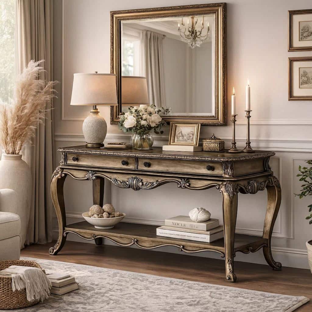 Wooden Sofa Table With Two Drawers And Bottom Shelf, Vintage Oak Brown