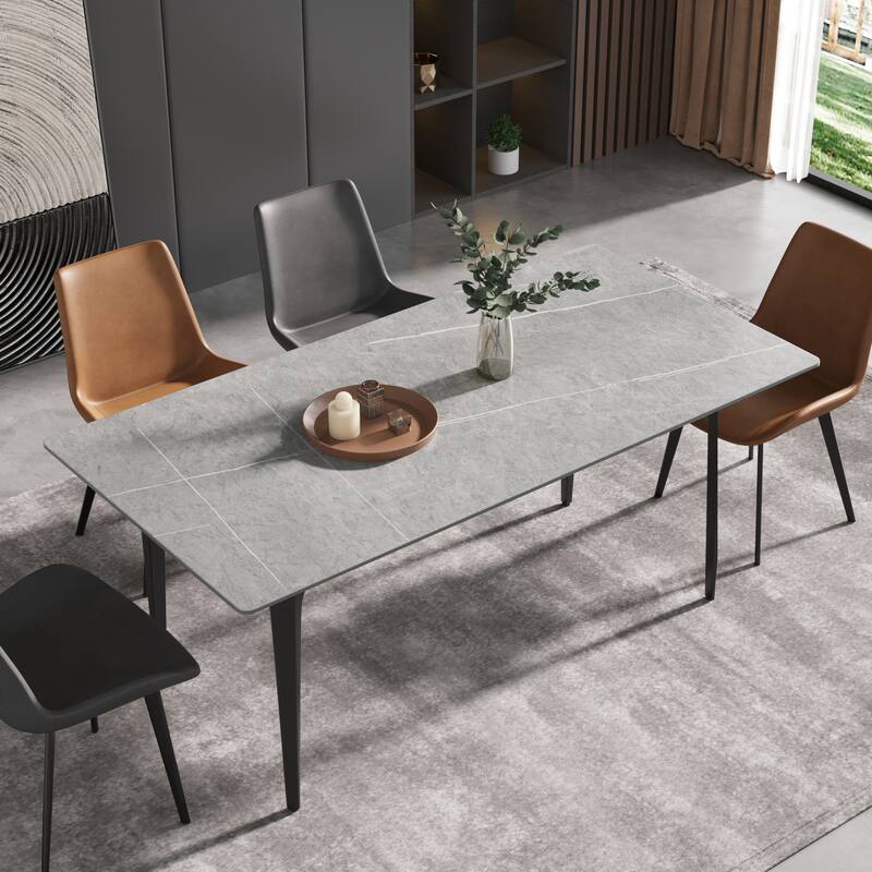 71" Modern Simply Marble Dining Table, Rectangular Sintered Stone Top and Carbon Steel legs - Grey&Black