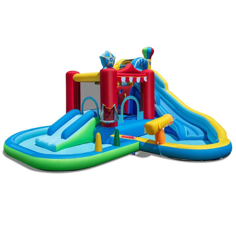 Inflatable Outdoor Water Park for Kids with Slide Ball Pit Basketball Hoop and Interactive Games - 188" x 183" x 102"