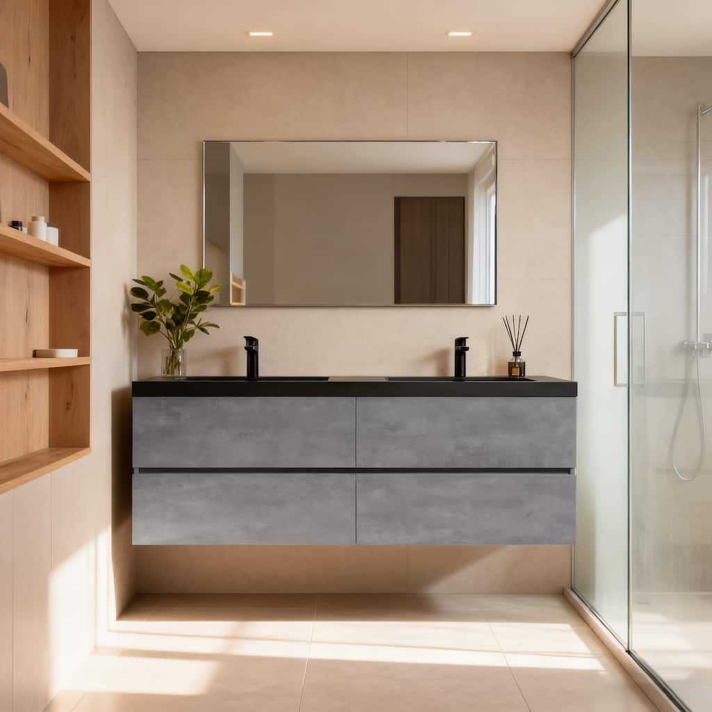 RupheonD 60" Cement Grey Bathroom Vanity with Black Quartz Top - 60 in. Vanity