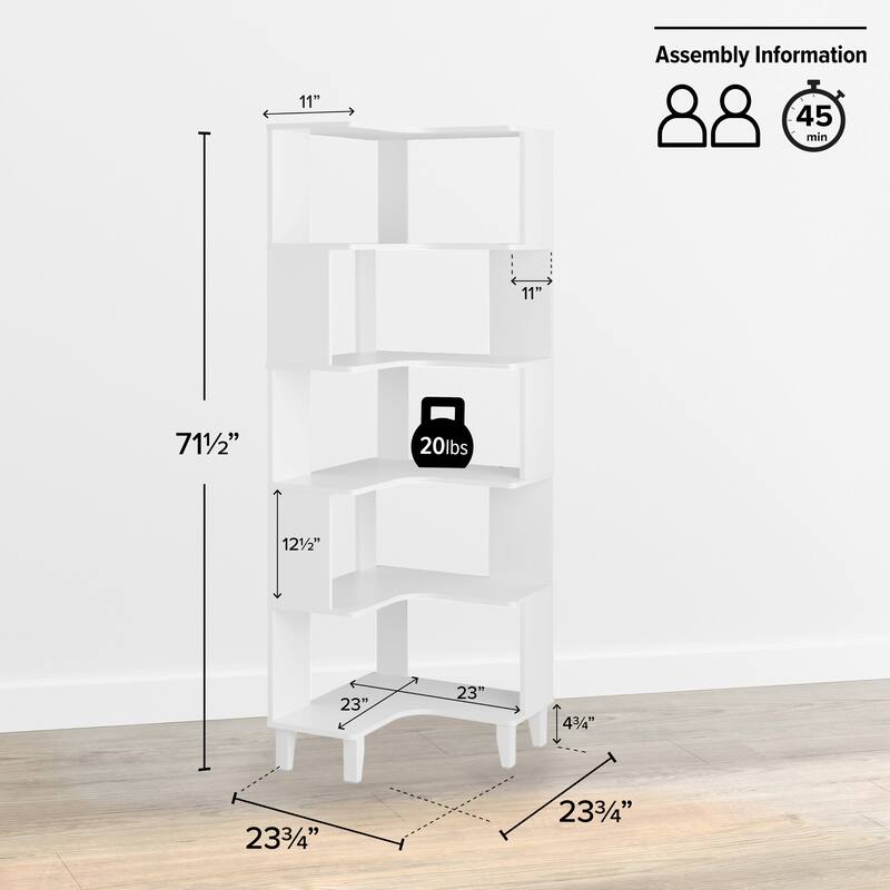 Prepac Nordik 6-Tier Corner Bookcase, 71.5" Extra Tall Corner Shelf, Freestanding Bookshelf for Home Office, Living Room