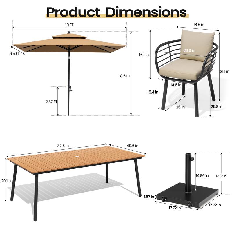 11PC Outdoor Patio Dining Set Aluminum Table with Sunbrella Cushion Chairs w/ Premium Market Umbrella Sets