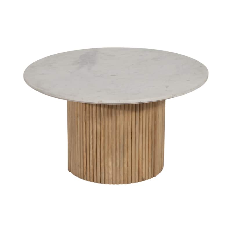 Sagebrook Home Mango Wood & Marble Accent Table with Reeded Base, MDF Support, and Contemporary Cylinder Design - Brown - 34" x 34" x 18"