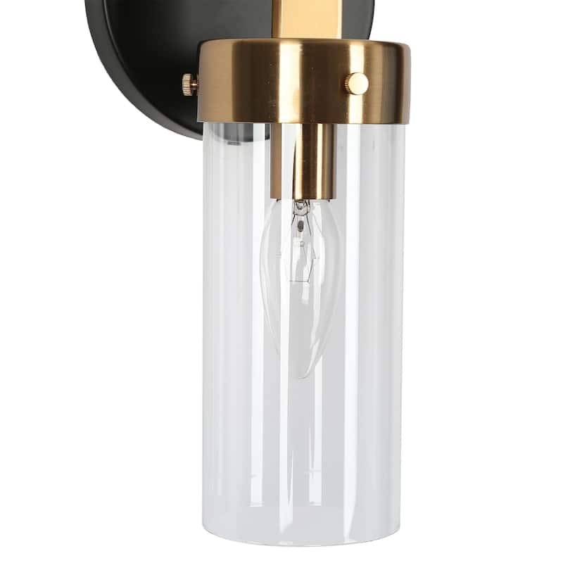 Modern 1-Light Black Gold Cylinder Glass Armed Wall Sconce Dimmable Vanity Light - 4.7" L x 5.5" W x 10" H