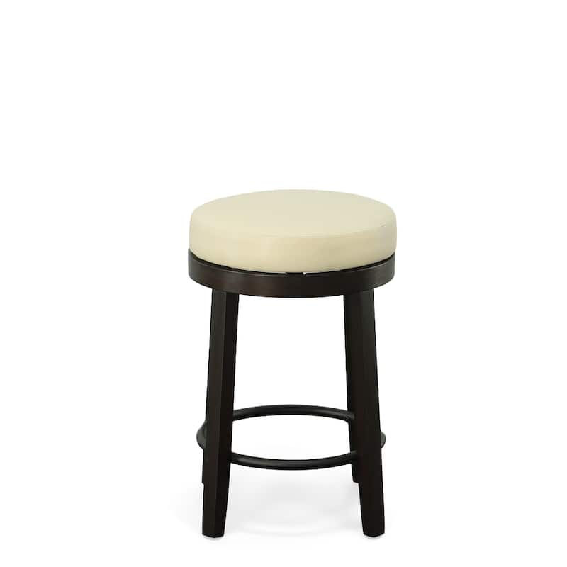 HomeRoots Set of Two 24" Cream and Espresso Faux Leather and Solid Wood Backless Counter Height Swivel Bar Chairs