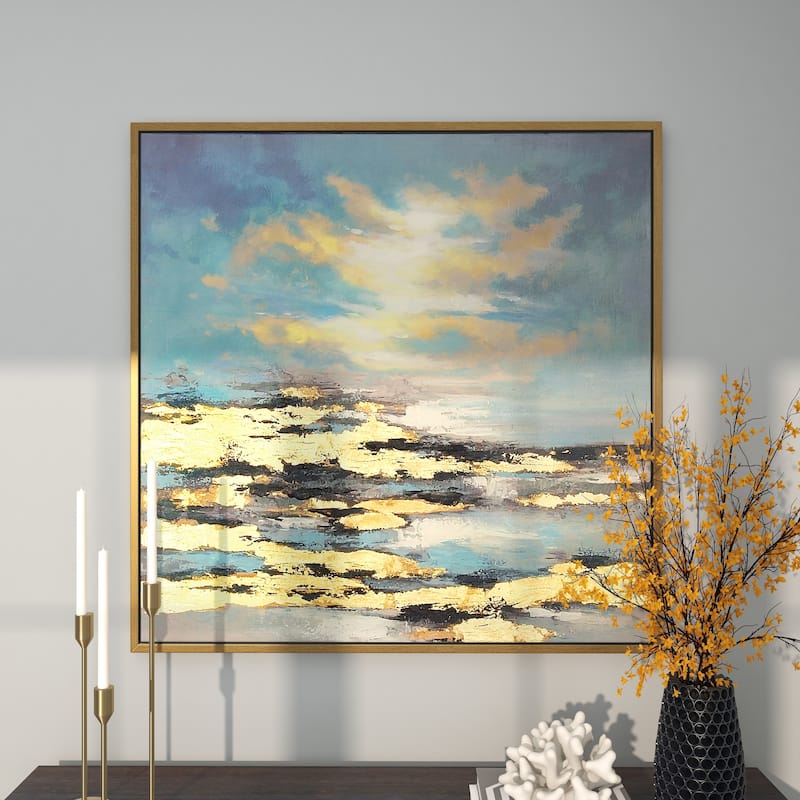 Canvas Geode Landscape Framed Wall Art with Gold Frame - Blue - Roche River Decor