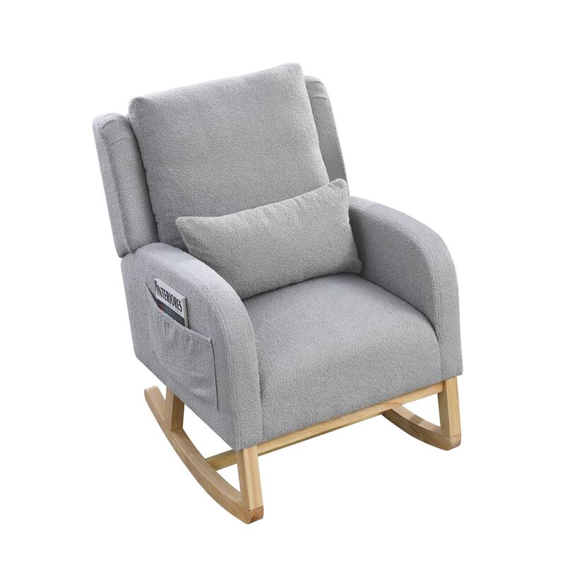 Anmytek 27.5 Inch Modern Teddy Fleece High Back Rocking Chair with Lumbar Pillow and Side Pockets