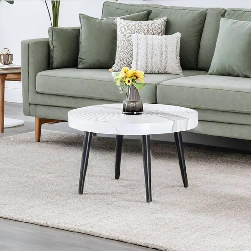 Marble Pattern Round Coffee Table,Exquisite Suction Molding Process,Marble Pattern Design,Black Sprayed Metal Leg