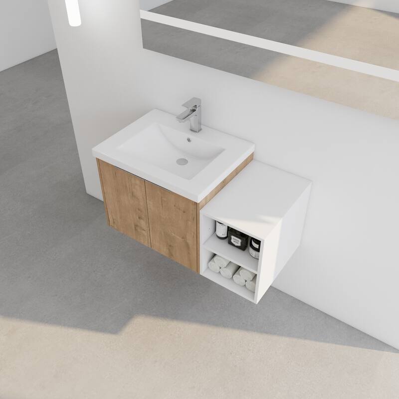 36" Wall-Mounted Bathroom Vanity with Resin Sink, Soft-Close Doors, Small Storage Shelves for Modern Bathrooms