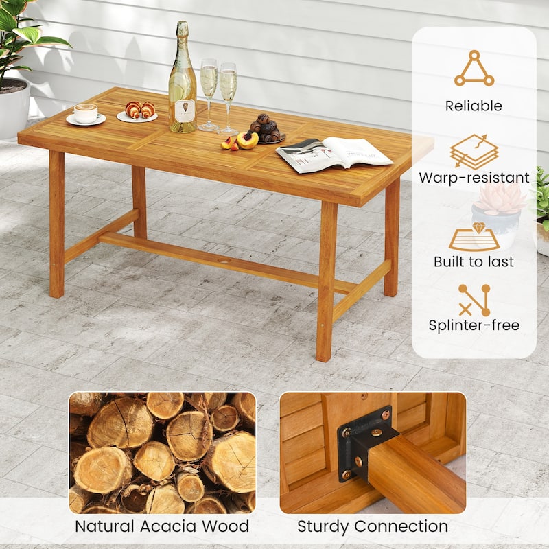 Natural Acacia Wood Rectangular Outdoor Dining Table with Umbrella Hole for 6-Seater - 63" x 32" x 30"(L x W x H)
