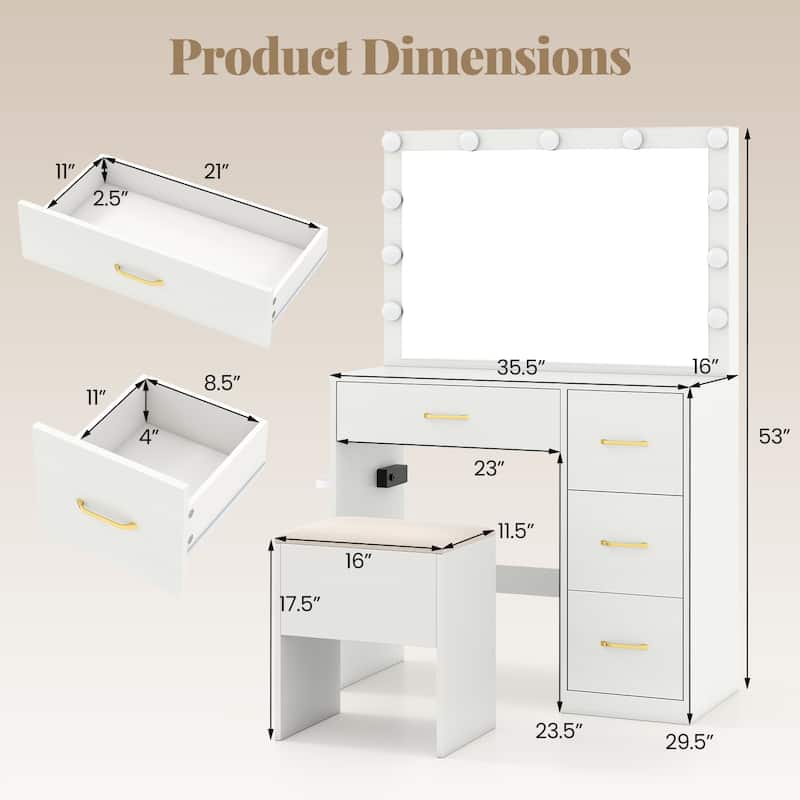 Gymax Vanity Desk with Mirror & Lights Dressing Table w/ Storage Stool