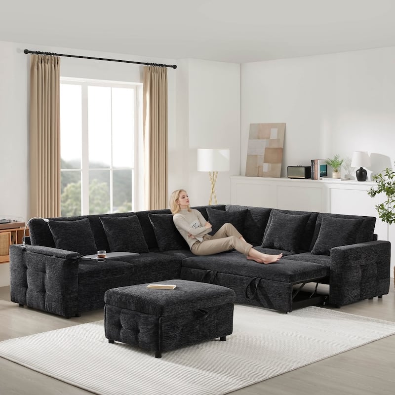 117" Modular Sectional Pull-out Sofa Bed with Flip-up Table Panel, Reading Lamp and Charging Ports - Black