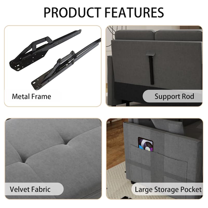 3 in 1 Convertible Sleeper Sofa Bed, Futon Couches for Living Room with Side Pocket, Adjustable Backrest