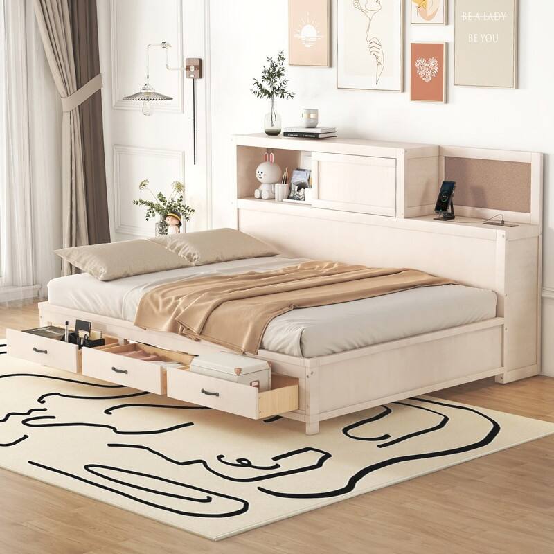 Twin/Full Size Wood Daybed Frame with Storage Drawers, Shelves and Charging Station - White Full