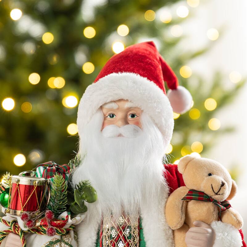 Glitzhome 18"H Faux Fur Christmas Santa Figurines with Porcelain Face