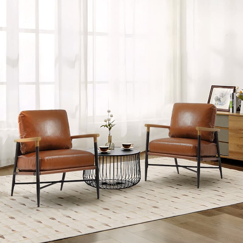 Anis 27'' W Vegan Leather/ Chenille Metal X Base Accent Chair Set of 2 - Brown