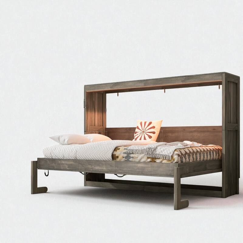 Twin Size Murphy Bed with LED Light and Foldable Desk, Wall Cabinet Hidden Bed with Hydraulic Lift