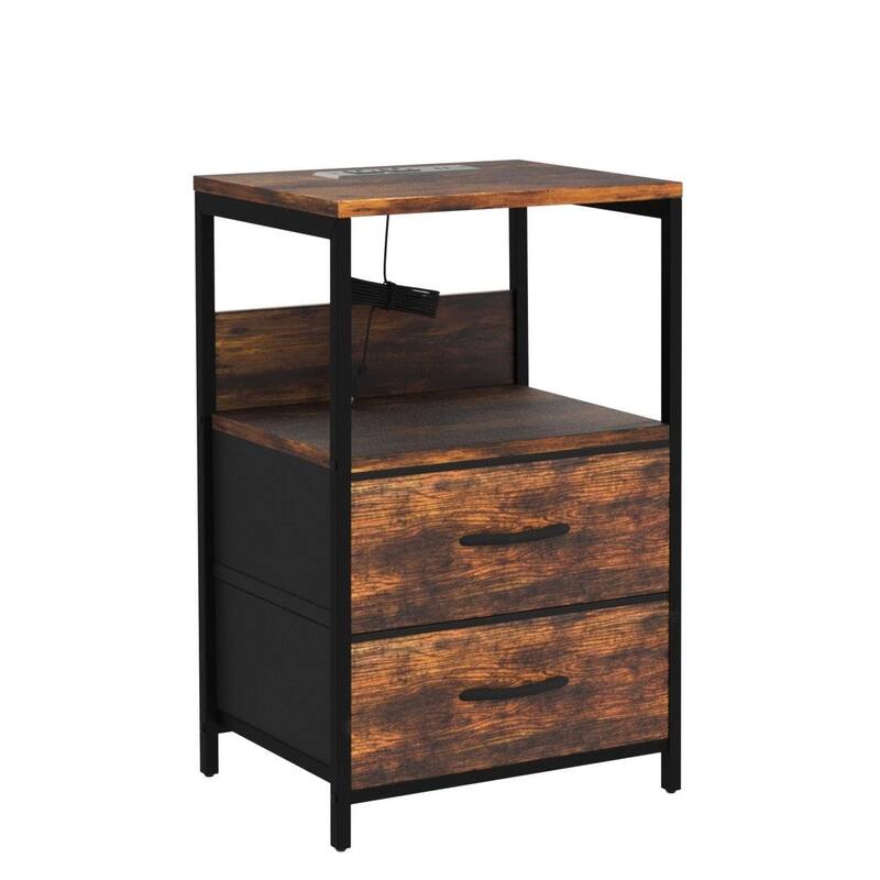 Nightstand with Charging Station, Small Night Stand with Fabric Drawers,Small Spaces Bedside Table with USB Ports & Outlets